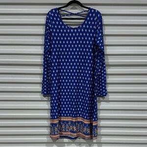 Loveappella Deep Blue Printed Long Sleeve Dress with Border Detail